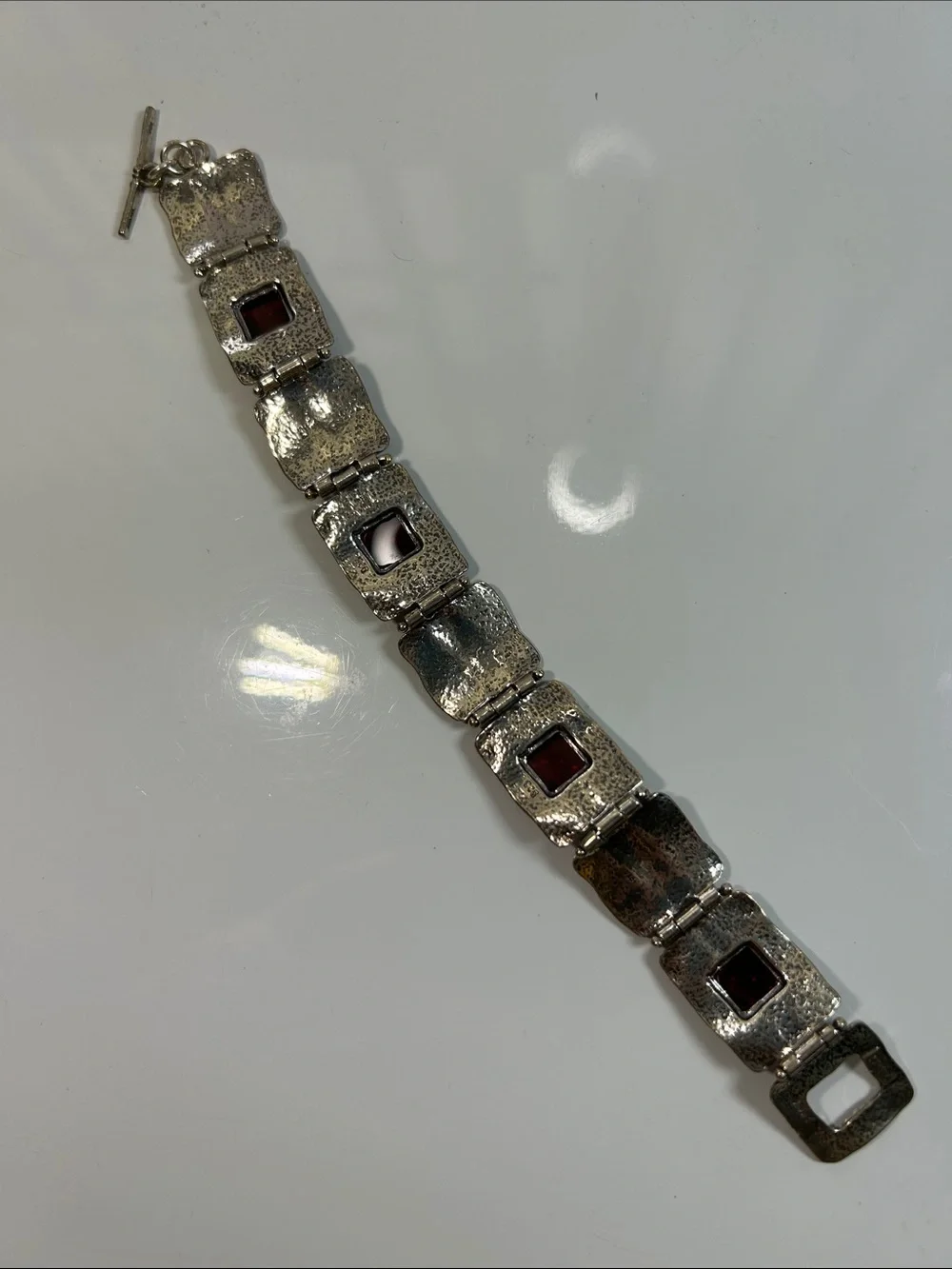 NWT Passage To Israel Hammered Panel Link Genuine Garnet Gemstone Bracelet